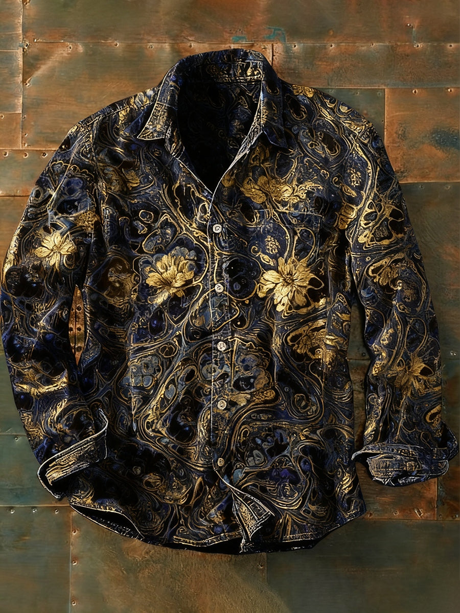 Camisa de manga larga casual de impresión de arte abstracto retro de los hombres