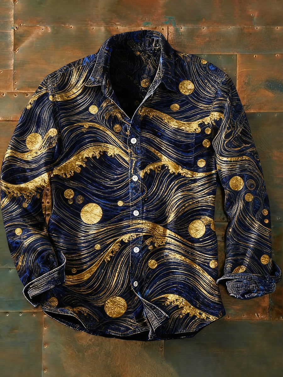 Camisa de manga larga casual de impresión de arte abstracto retro de los hombres