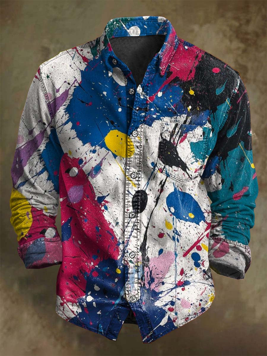 Pintura al óleo abstracta de tinta-Splash Imprimir Casual camisa de manga larga