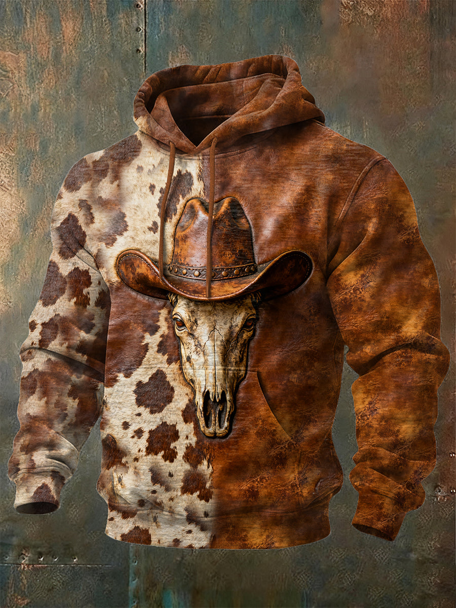 Sudadera casual con estampado de cráneo de vaca occidental retro