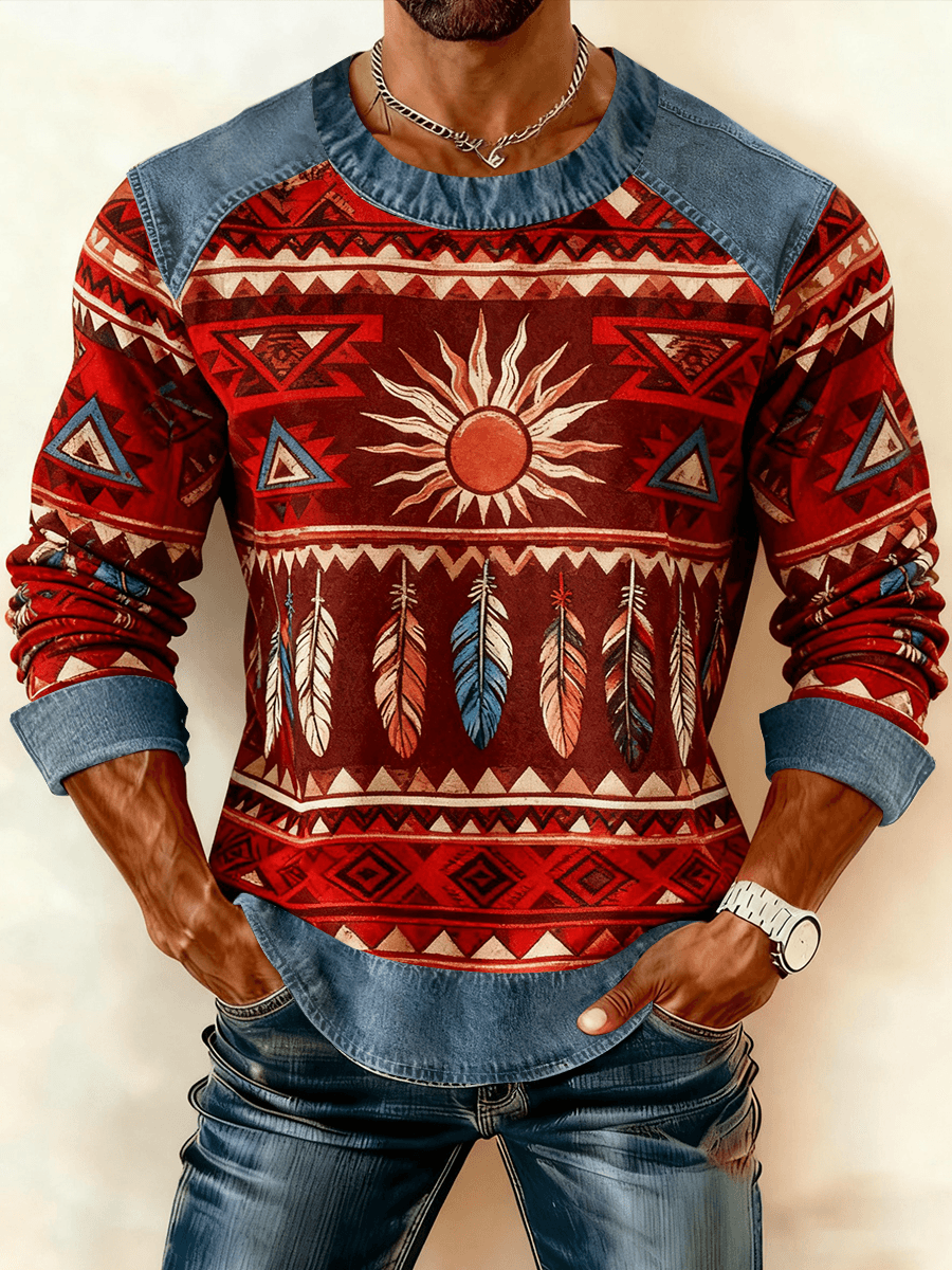 Hombres Vintage Western Denim Patchwork Impreso Sudadera