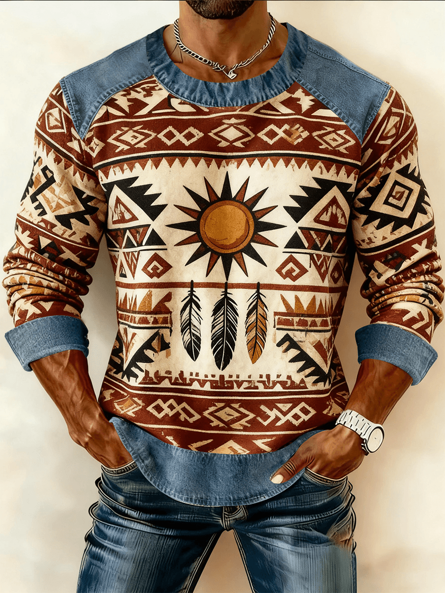 Hombres Vintage Western Denim Patchwork Impreso Sudadera