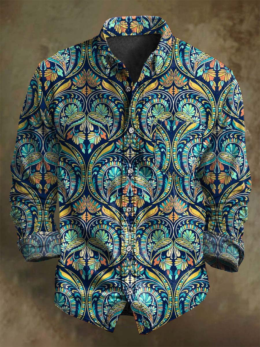 Camisa casual de manga larga con estampado floral étnico retro