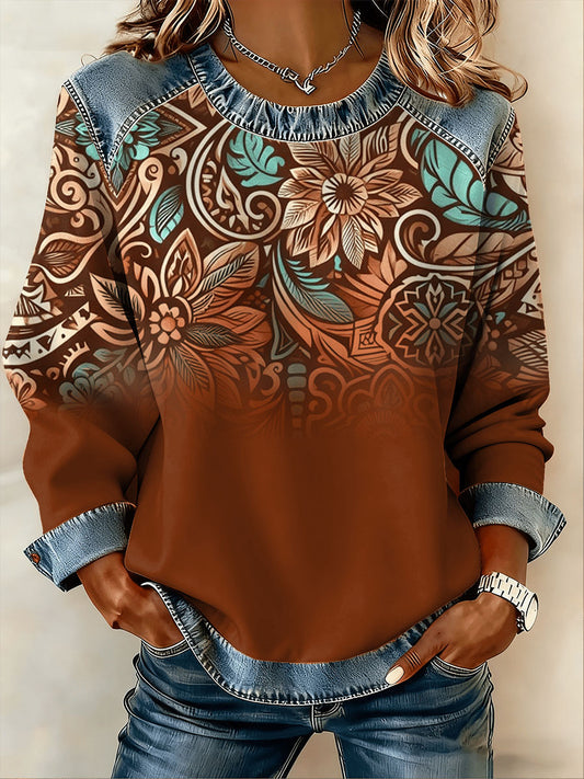 Mujer Retro Western Denim Patchwork Top