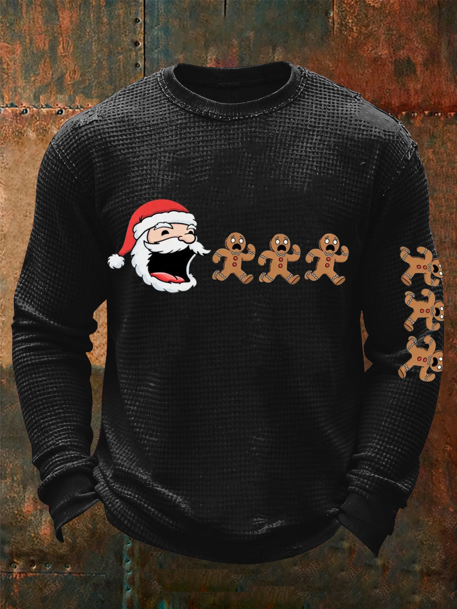 Camiseta divertida de la manga larga de la galleta de Santas de la galleta de la impresión del arte de la Navidad de los hombres