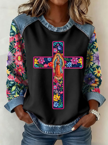 Mujeres Virgen María arte impreso Denim Patchwork Top