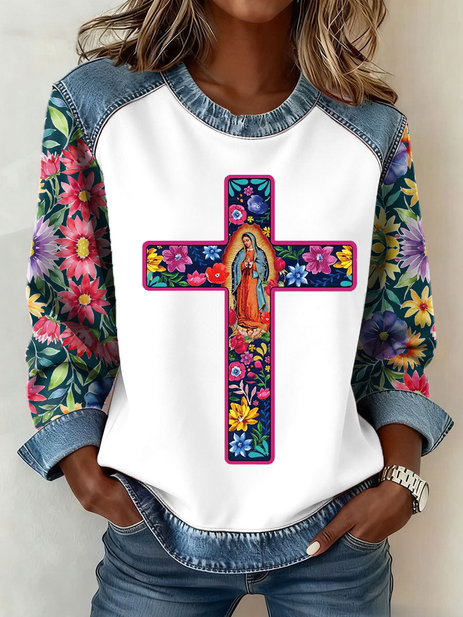 Mujeres Virgen María arte impreso Denim Patchwork Top