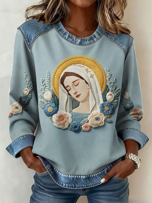 Mujeres Virgen María arte impreso Denim Patchwork Top