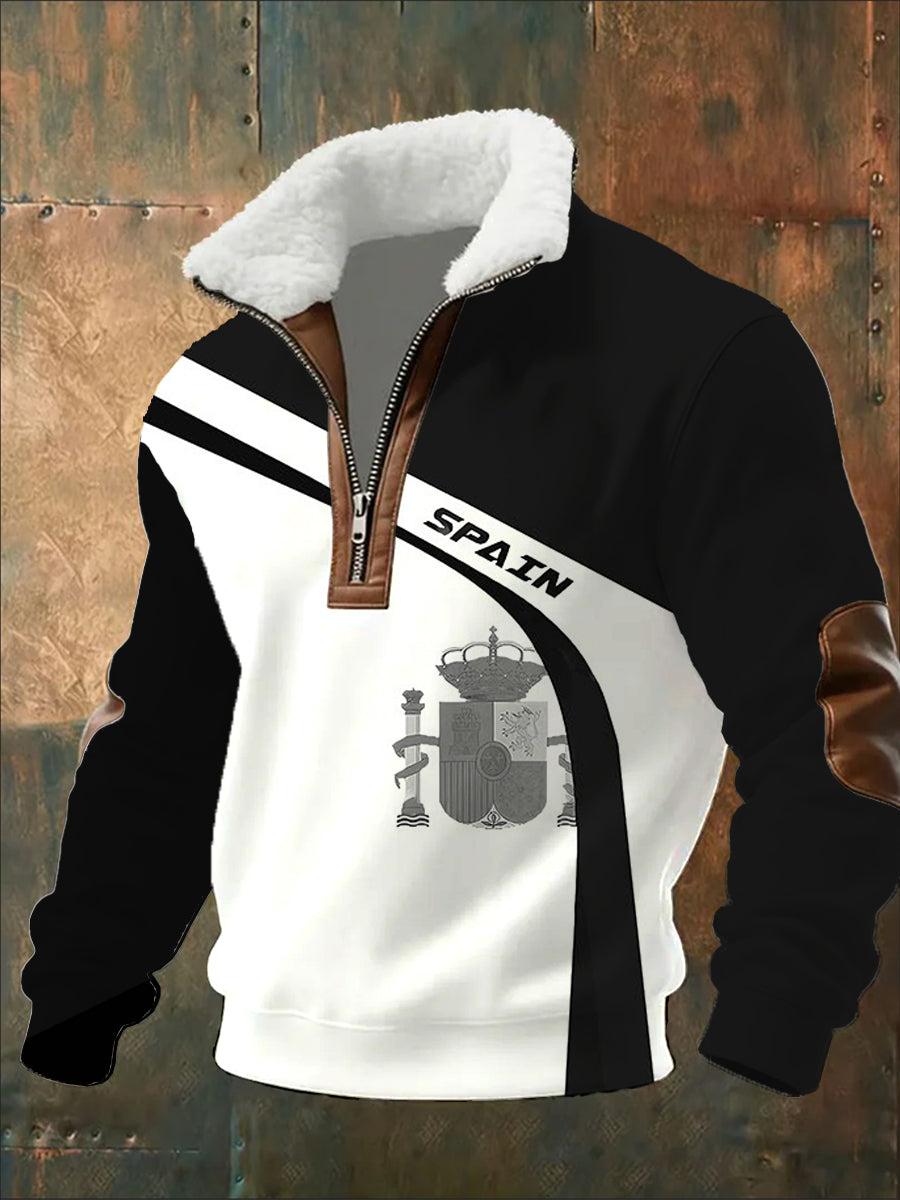 Sudadera con cremallera media casual de moda retro para hombres con cuello de piel