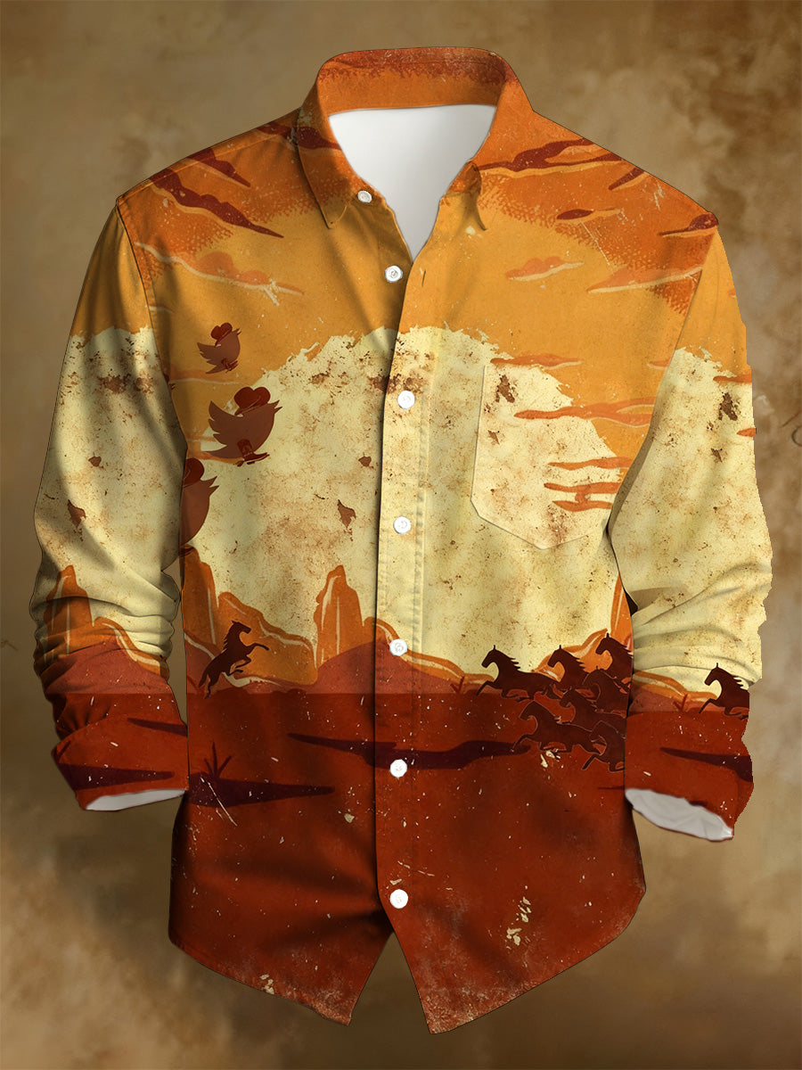 Camisa de manga larga casual de impresión apenada retro occidental de los hombres