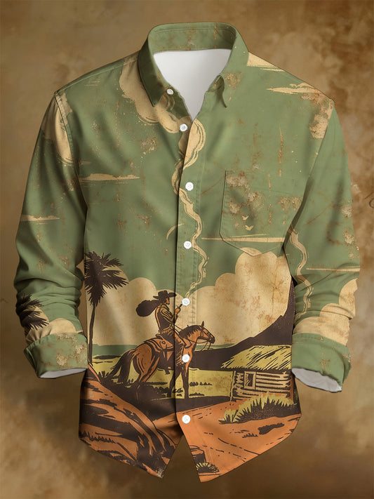 Camisa de manga larga casual de impresión apenada retro occidental de los hombres