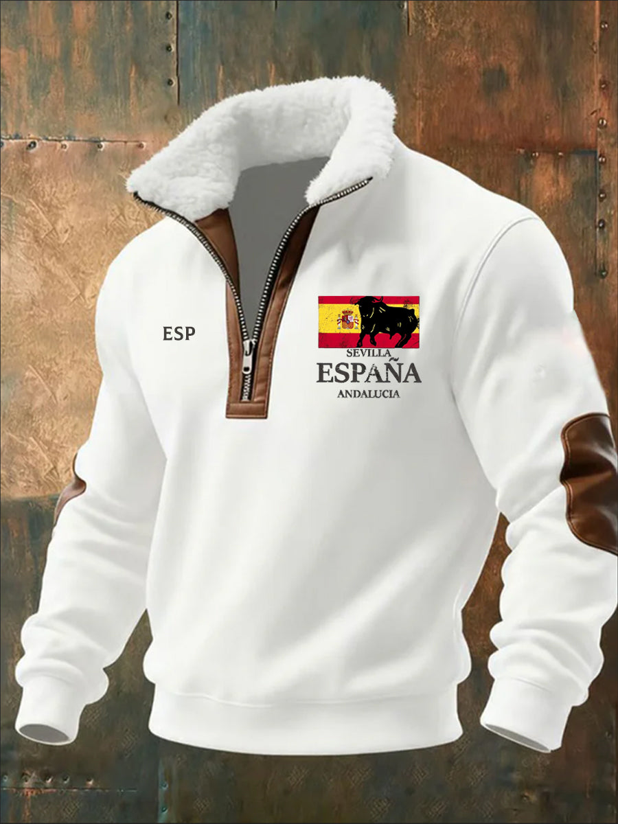 Sudadera con cremallera media casual de moda retro para hombres con cuello de piel