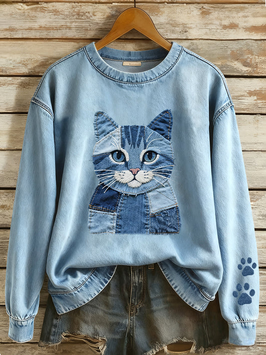Denim Patchwork Art Cat Pattern Sudadera para mujer