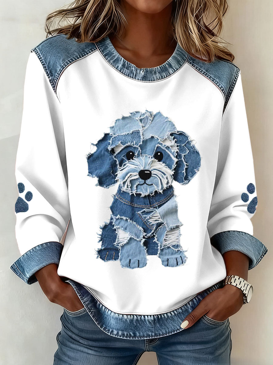 Encantador perro peludo patrón Denim Patchwork Art sudadera de mujer