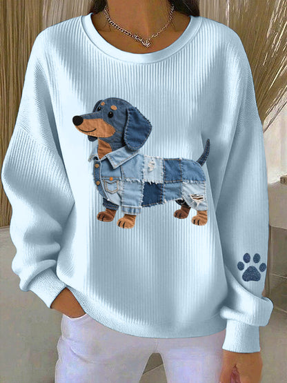 Mujer Denim Patchwork Art Dachshund Patrón Sudadera