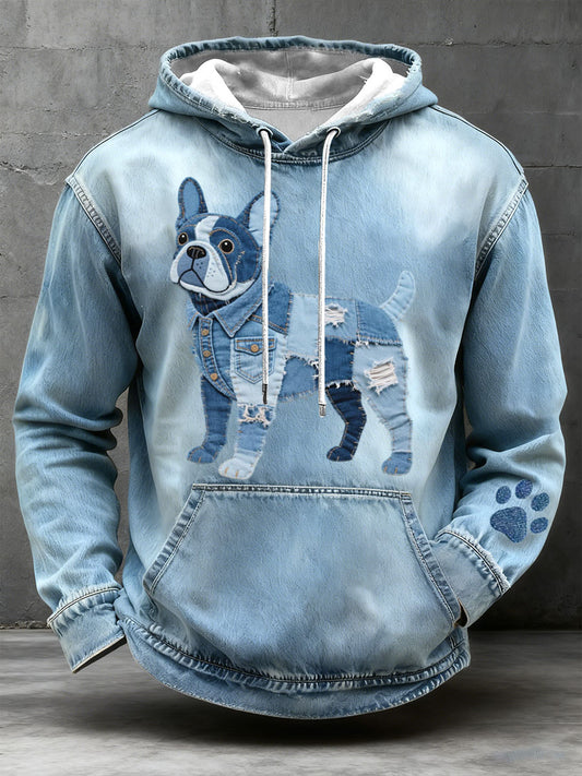 Hombres Denim Patchwork Art French Bulldog Patrón Hoodie