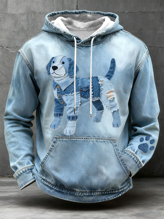 Hombres Denim Patchwork Art Beagle Perro Patrón Hoodie