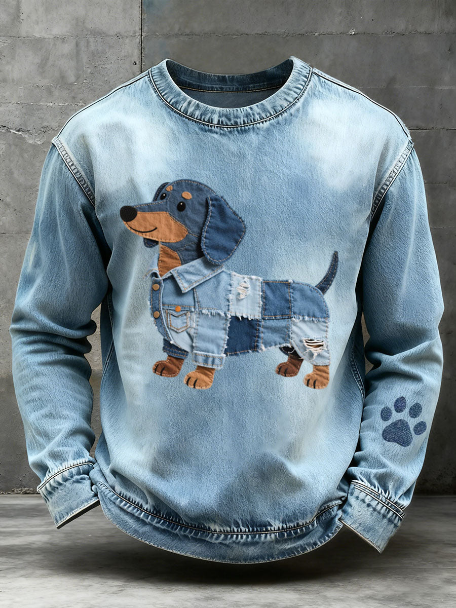 Hombres Denim Patchwork Art Dachshund Patrón Sudadera