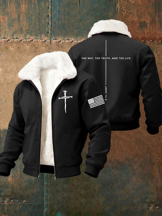 Jesus The Way The Truth The Life Cross Fur Collar Chaqueta con cremallera para hombre