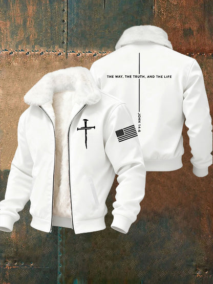 Jesus The Way The Truth The Life Cross Fur Collar Chaqueta con cremallera para hombre