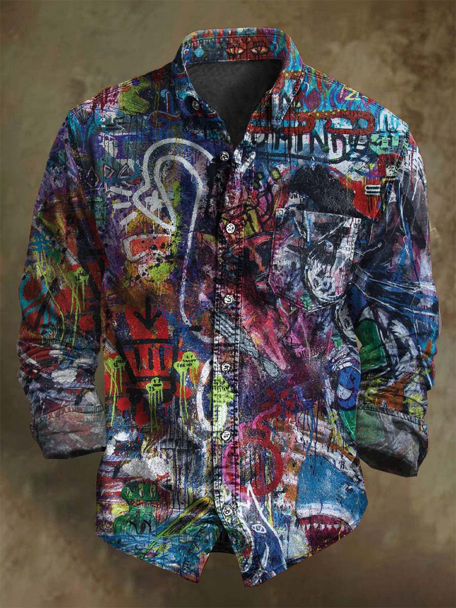 Camisa de manga larga casual con estampado de estilo abstracto Doodle