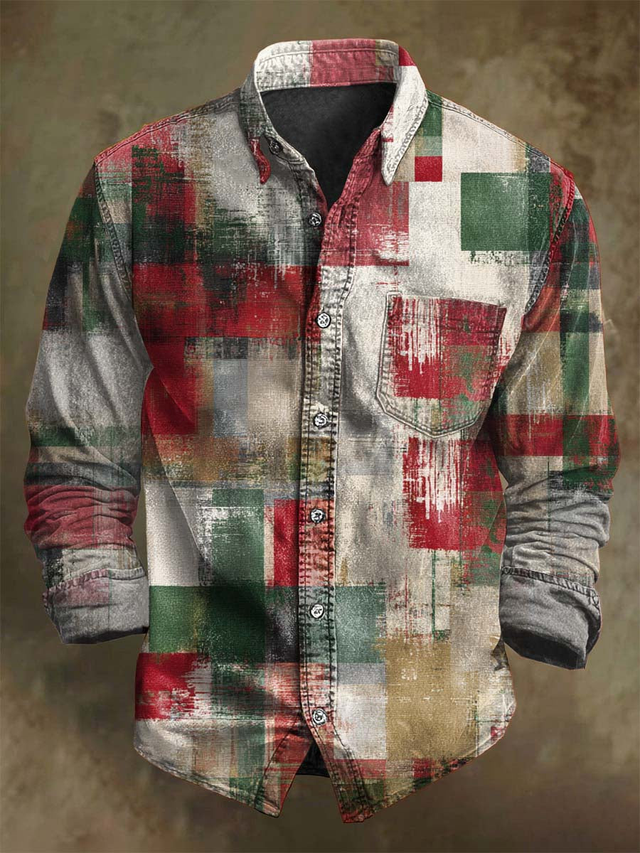 Camisa de manga larga casual con estampado de cuadros navideños retro
