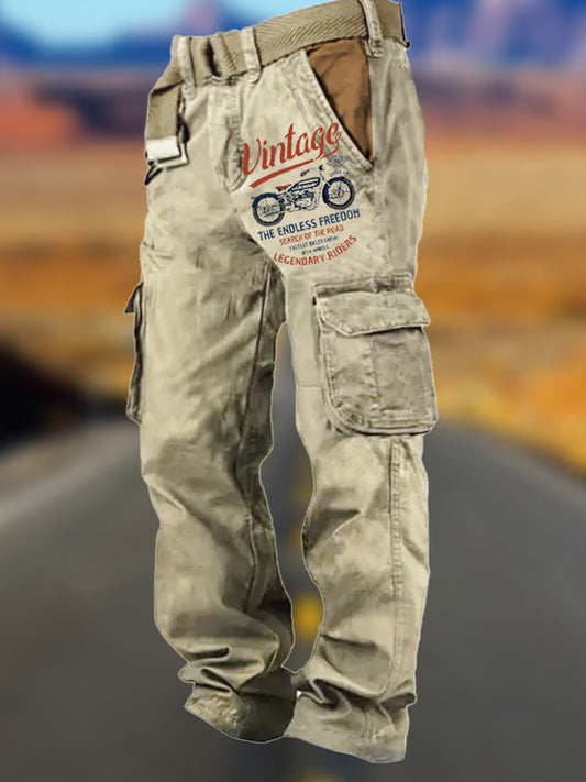 Hombres Retro Art Print Multi-bolsillo de múltiples funciones de carga Pantalones