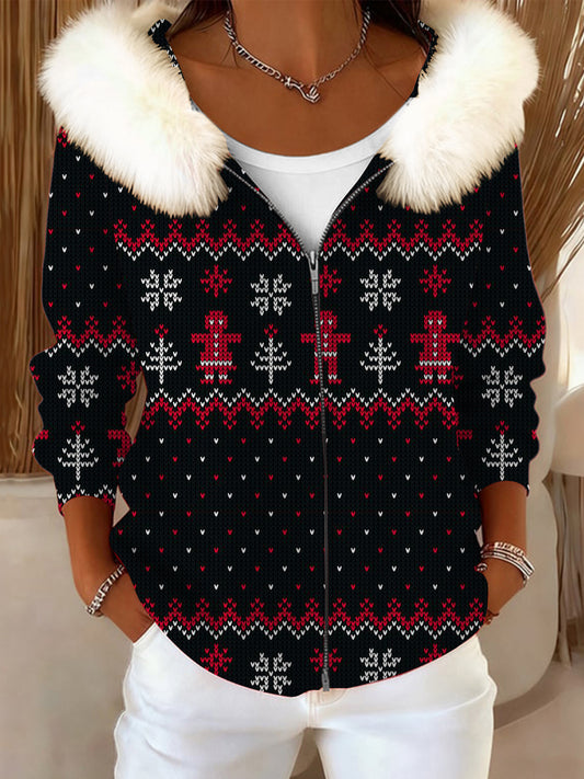 Cute Gingerbread Fur Collar Coat de las mujeres