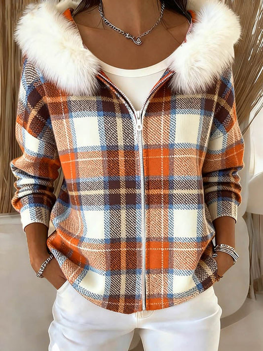 Otoño de las mujeres Plaid Patrón Cozy Furry Cardigan