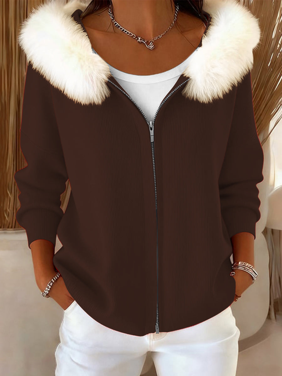 Abrigo de cuello de piel sólido marrón elegante de las mujeres