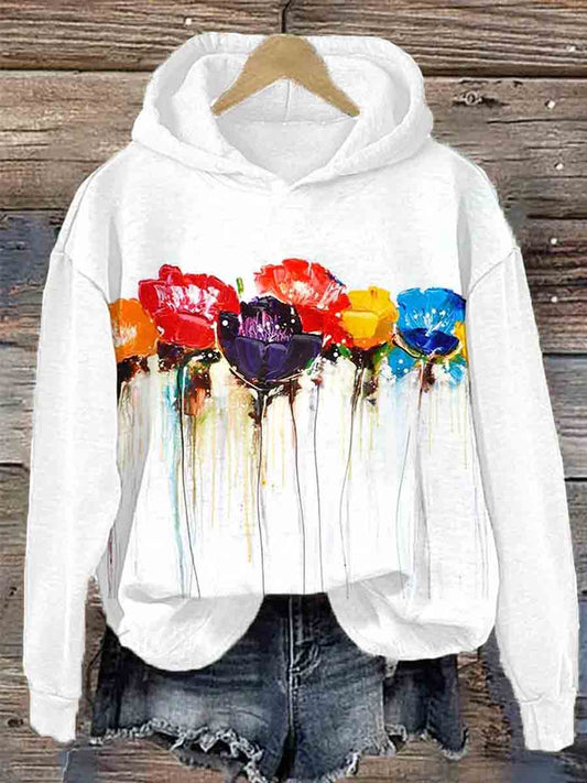 Sudadera con capucha de impresión floral de pintura al óleo casual para mujer