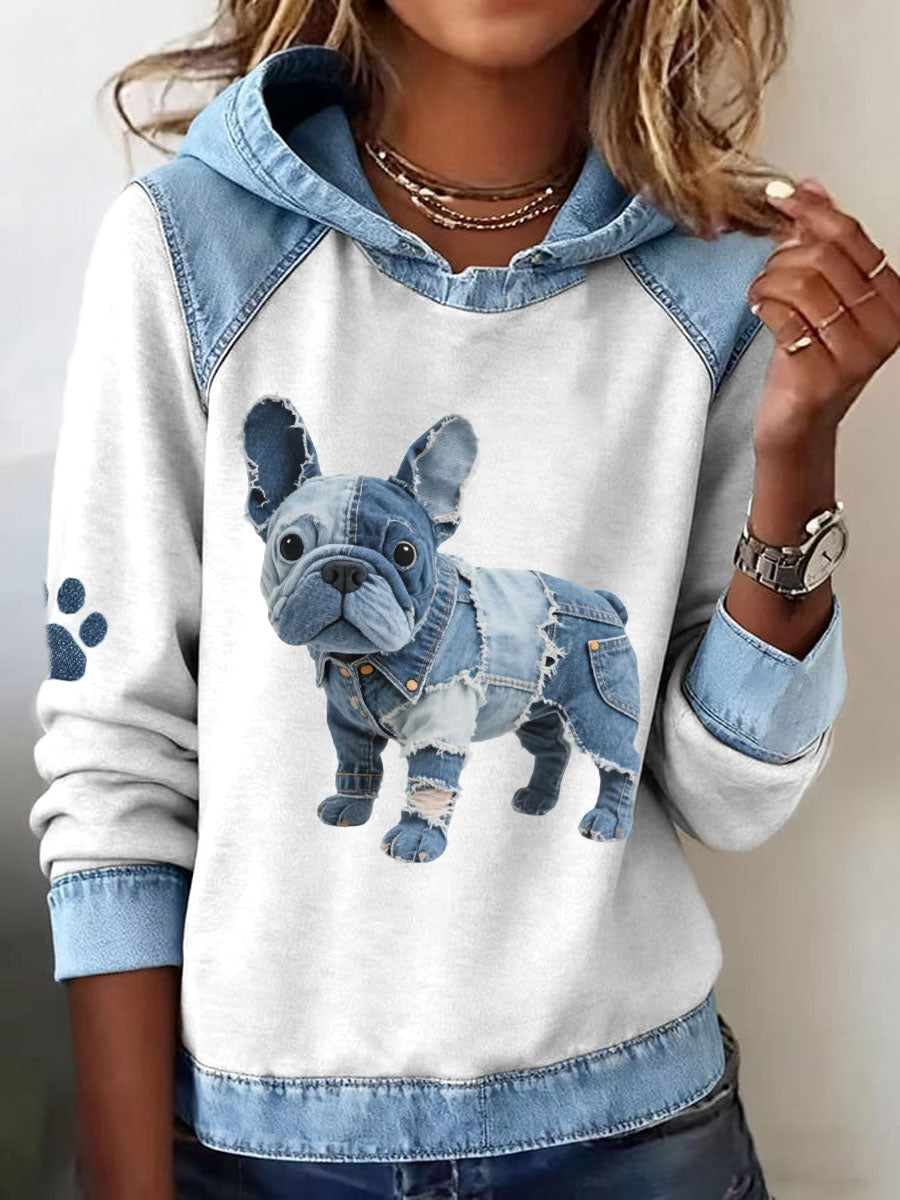 Bulldog Francés Patrón Denim Patchwork Art Hoodie de las mujeres