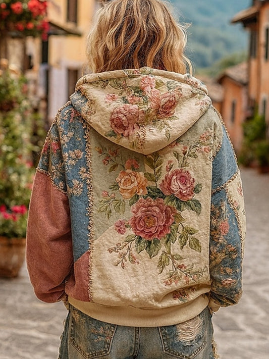 Conciencia del cáncer de mama de las mujeres Floral Patchwork Zip-Up Hoodie
