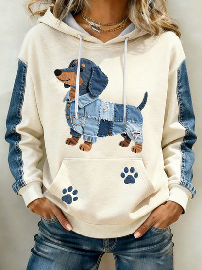 Encantador Dachshund Patrón Denim Patchwork Art Hoodie de las mujeres