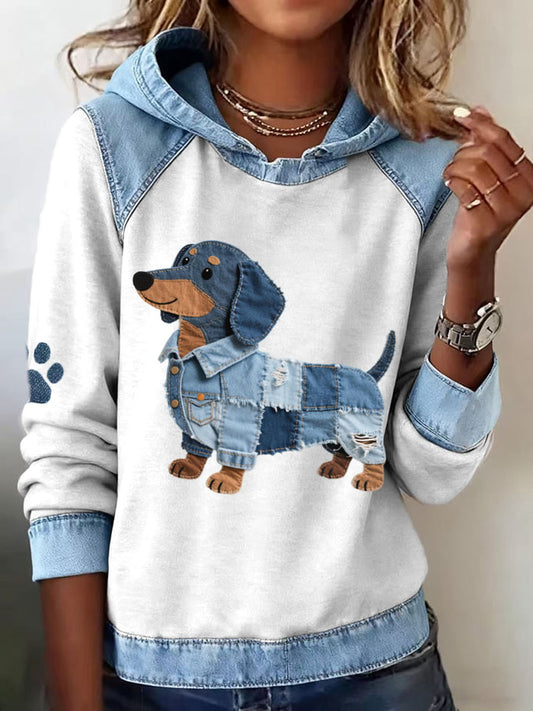 Dachshund de las mujeres Patrón Denim Patchwork Art Hoodie