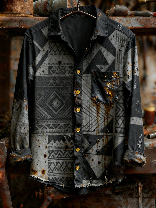 Camisa de manga larga casual de la comodidad de la impresión del arte de la Navidad de la vendimia de los hombres