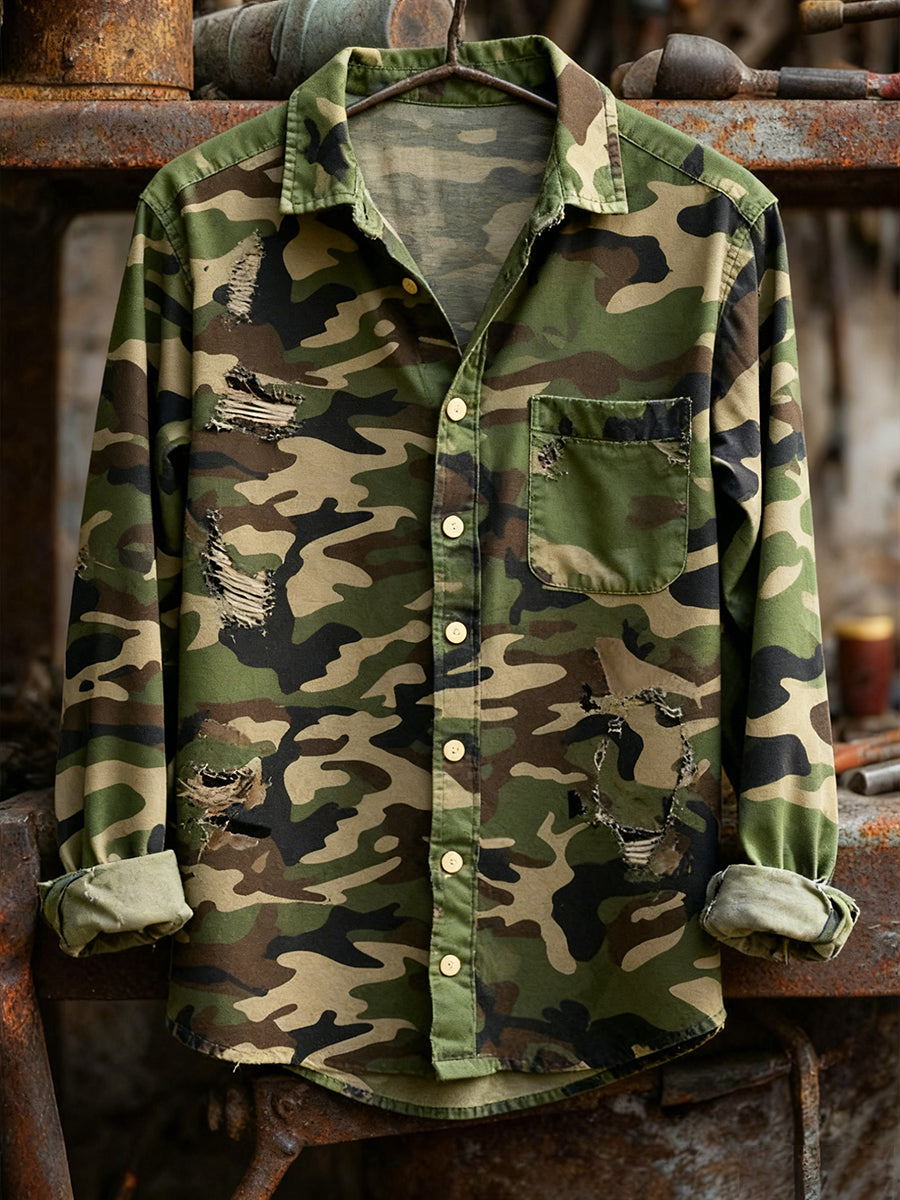Camisa de manga larga casual de la comodidad de la impresión del arte de la Navidad de la vendimia de los hombres
