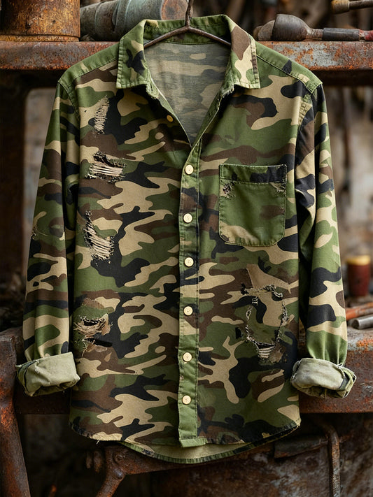 Camisa de manga larga casual de la comodidad de la impresión del arte de la Navidad de la vendimia de los hombres