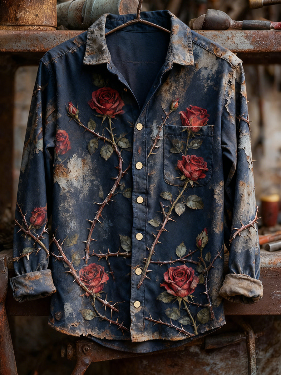 Camisa de manga larga casual de la comodidad de la impresión del arte de la Navidad de la vendimia de los hombres