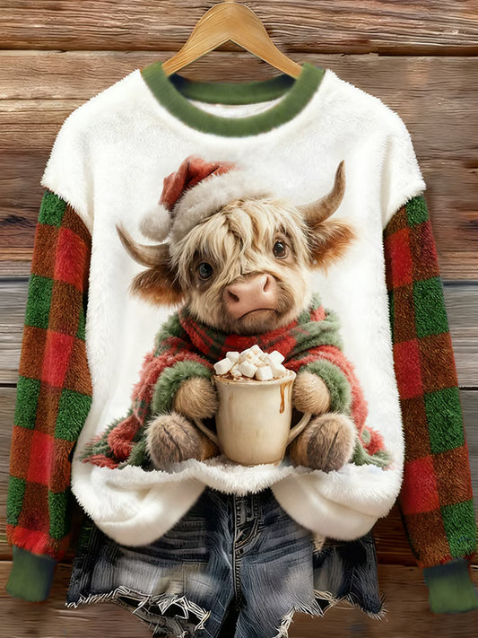 Sudadera de franela casual con estampado de cuadros de vaca Highland lindo para mujer