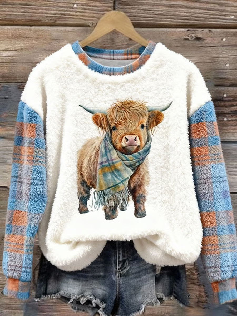 Sudadera de franela casual con estampado de cuadros de vaca Highland lindo para mujer