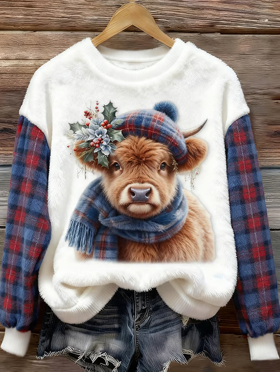 Sudadera de franela casual con estampado de cuadros de vaca Highland lindo para mujer
