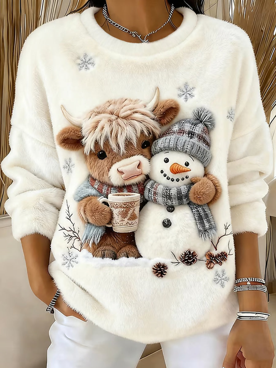 Lindo Highland vaca y muñeco de nieve imprimir casual franela sudadera mujer