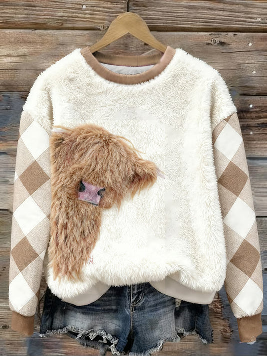 Sudadera de franela casual con estampado de cuadros de vaca Highland lindo para mujer