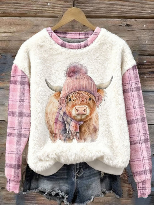 Sudadera de franela casual con estampado de cuadros de vaca Highland lindo para mujer