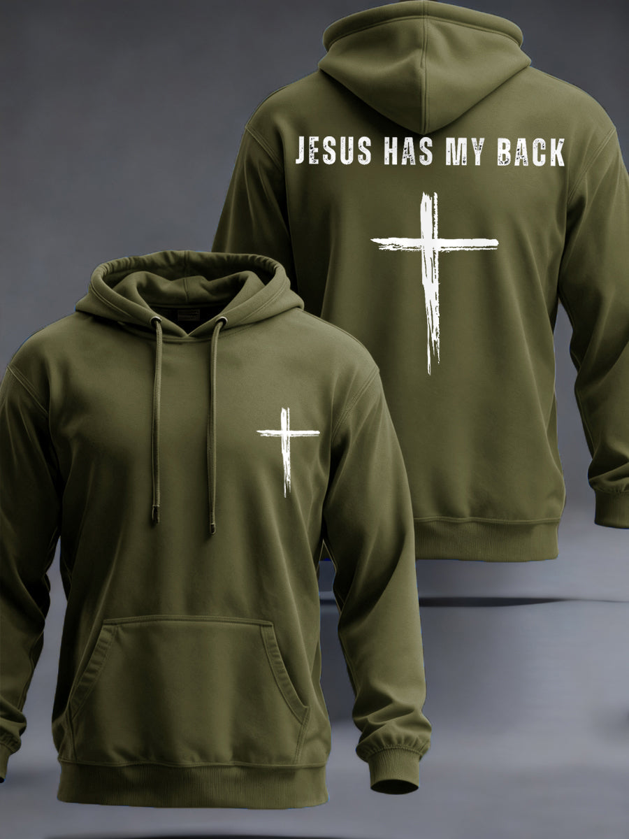 Hombres Jesús tiene mi espalda Cruz Fe Casual Hoodie