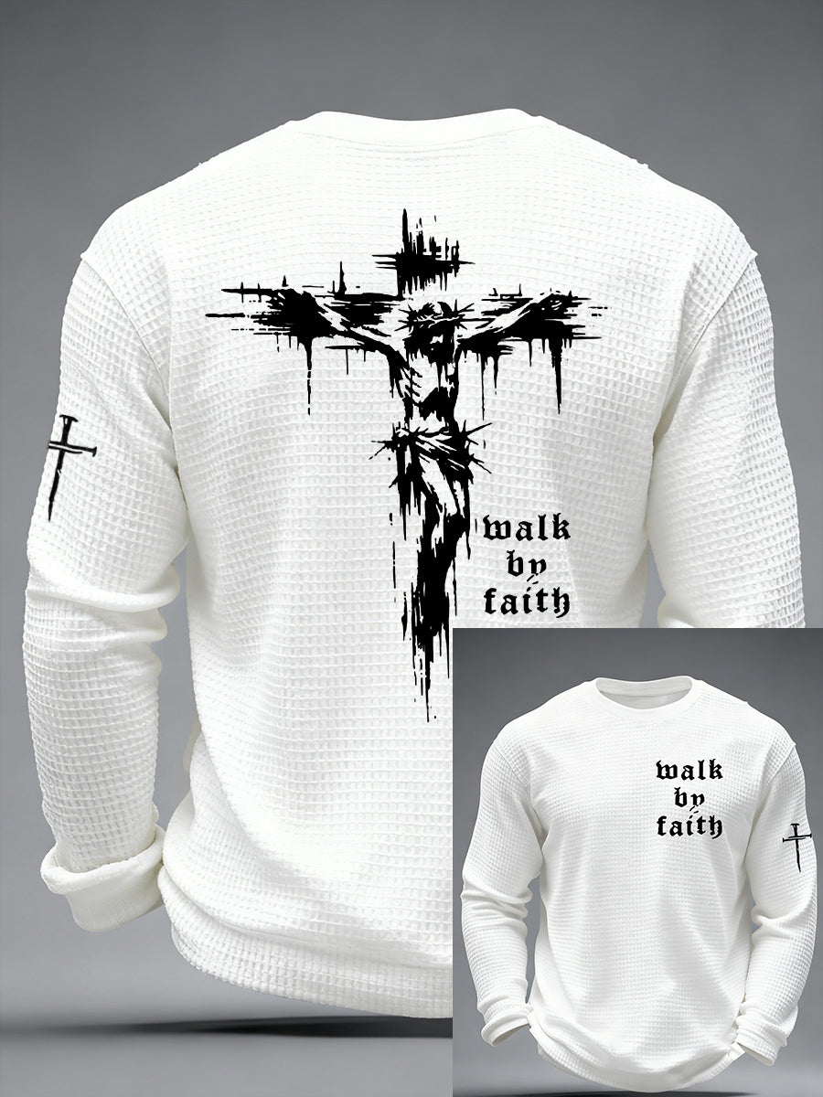 Christian Walk By Faith Cross Print Waffle Camiseta de manga larga para hombre