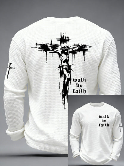 Christian Walk By Faith Cross Print Waffle Camiseta de manga larga para hombre