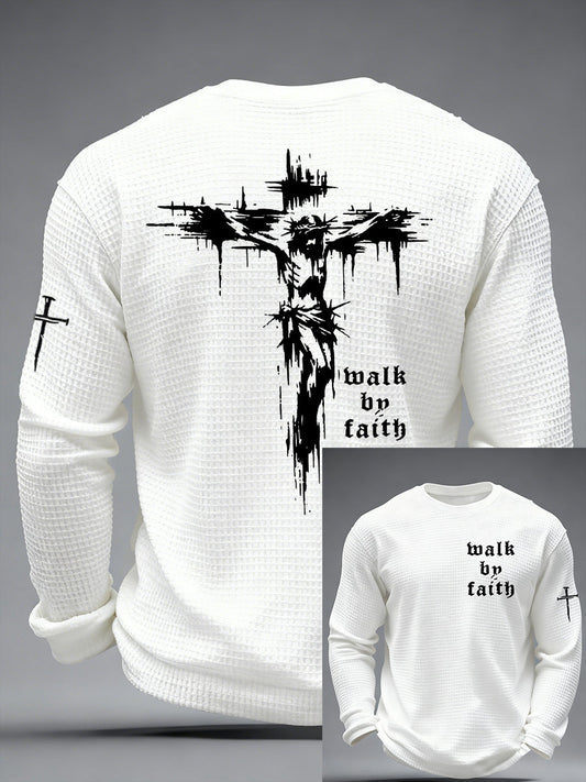 Christian Walk By Faith Cross Print Waffle Camiseta de manga larga para hombre