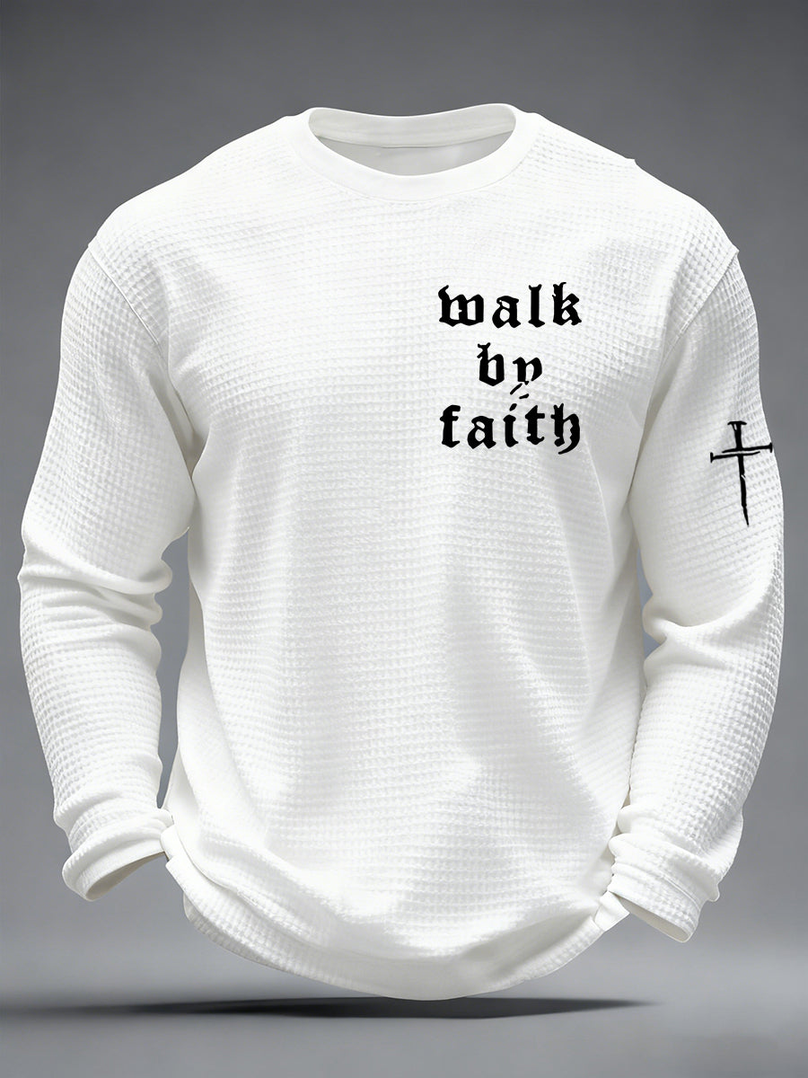 Christian Walk By Faith Cross Print Waffle Camiseta de manga larga para hombre